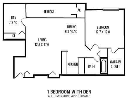 Floor plan for 1 bed, 1 bath, 700 sqft