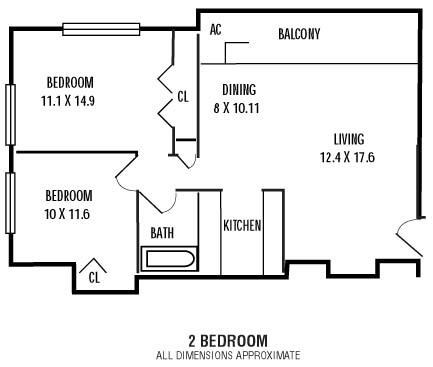 Floor plan for 2 beds, 1 bath, 785 sqft