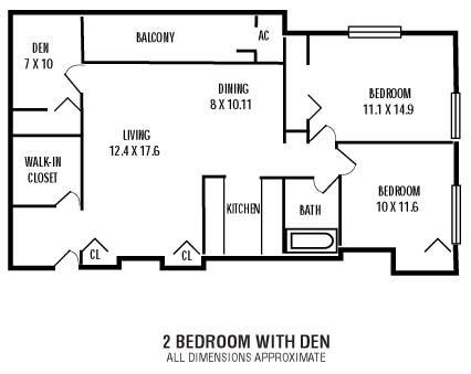 Floor plan for 2 beds, 1 bath, 845 sqft