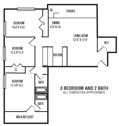 Floor plan for 3 beds, 2 baths, 1000 sqft