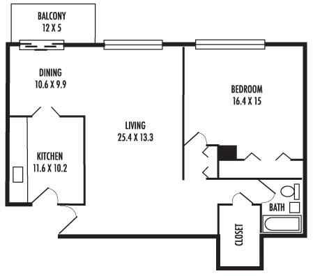 Floor plan for 1 bed, 1 bath, 960 sqft