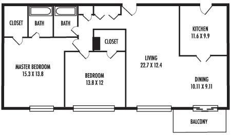 Floor plan for 2 beds, 2 baths, 1250 sqft