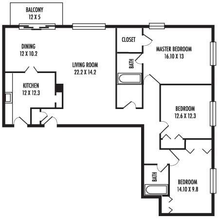 Floor plan for 3 beds, 2 baths, 1600 sqft