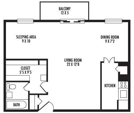 Floor plan for studio, 1 bath, 475 sqft