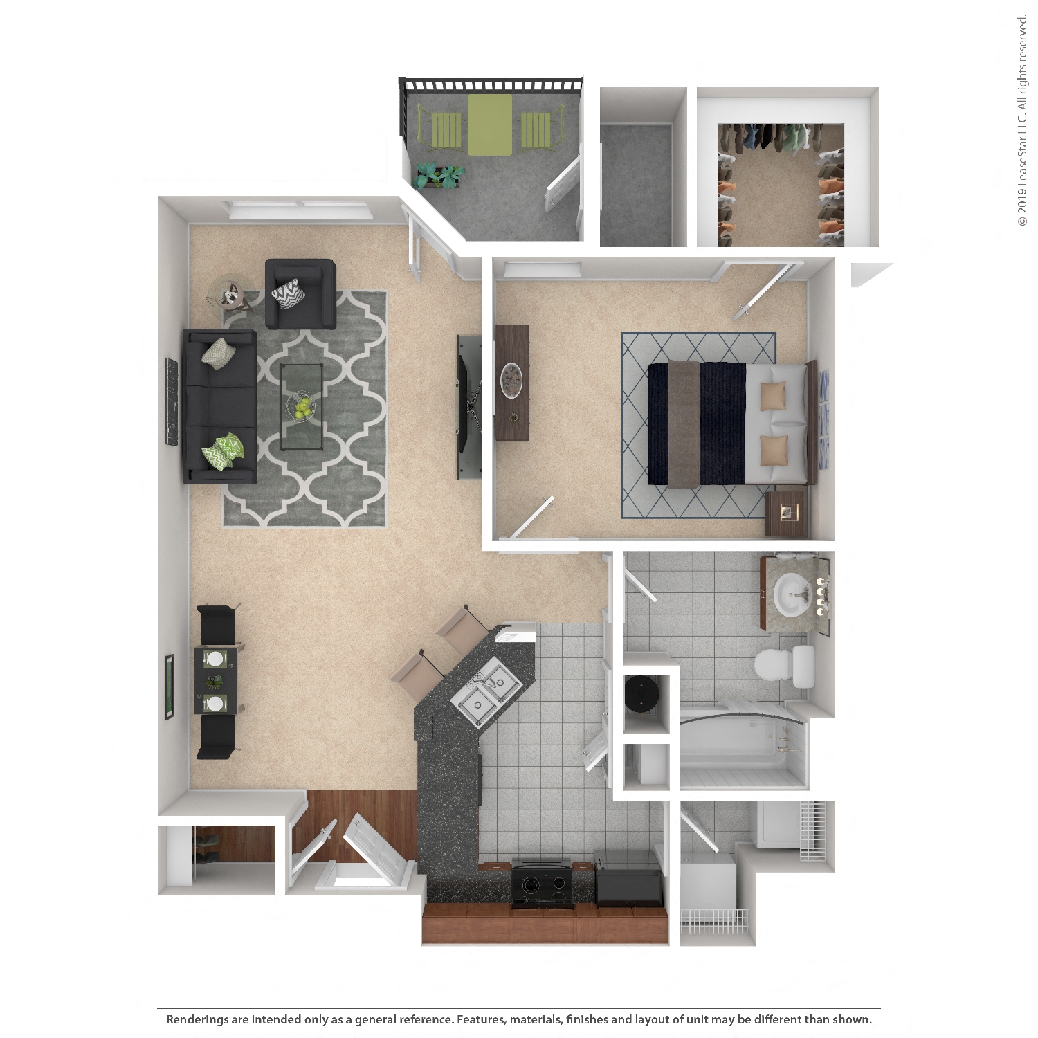 Floor plan for 1 bed, 1 bath, 820 sqft