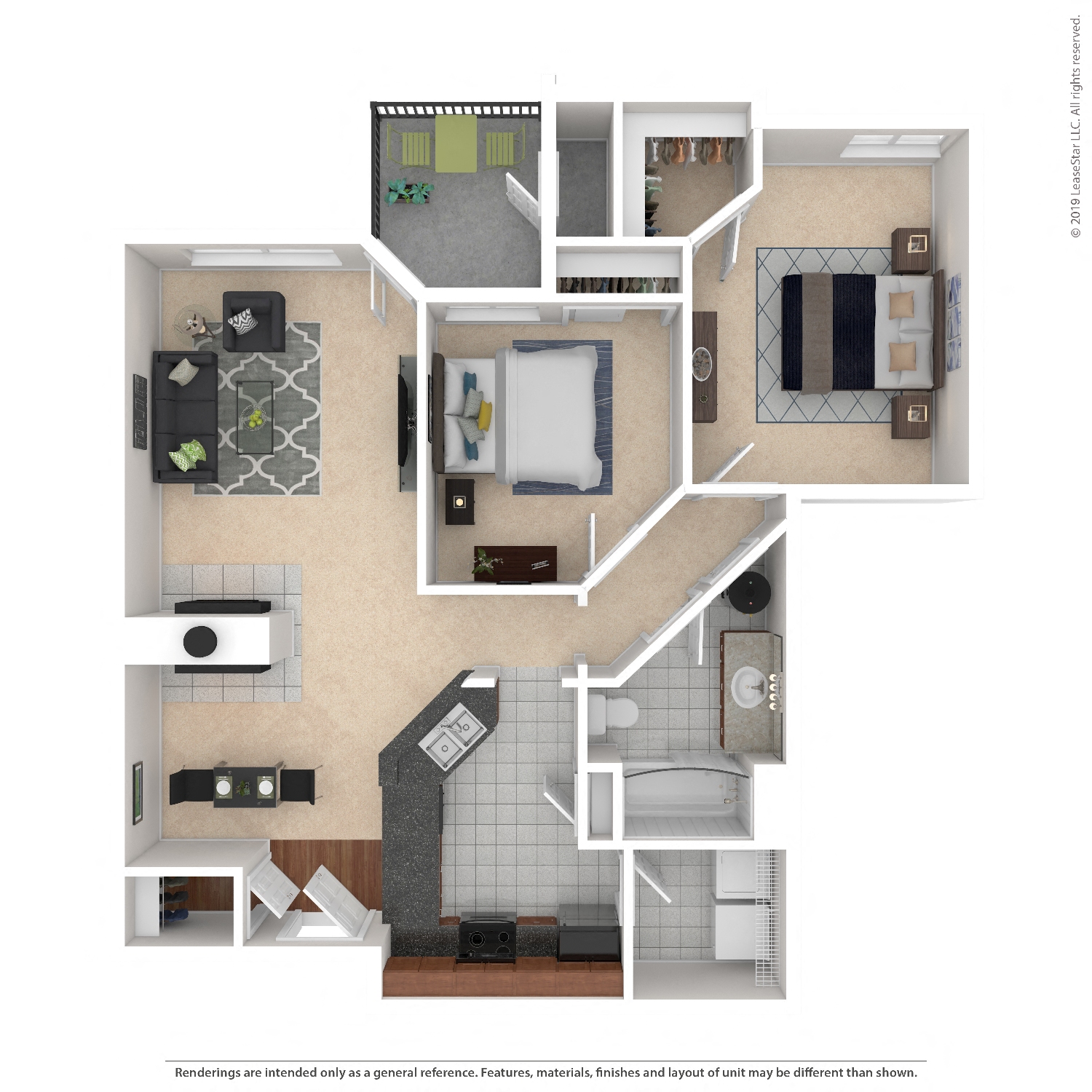 Floor plan for 2 beds, 1 bath, 950 sqft