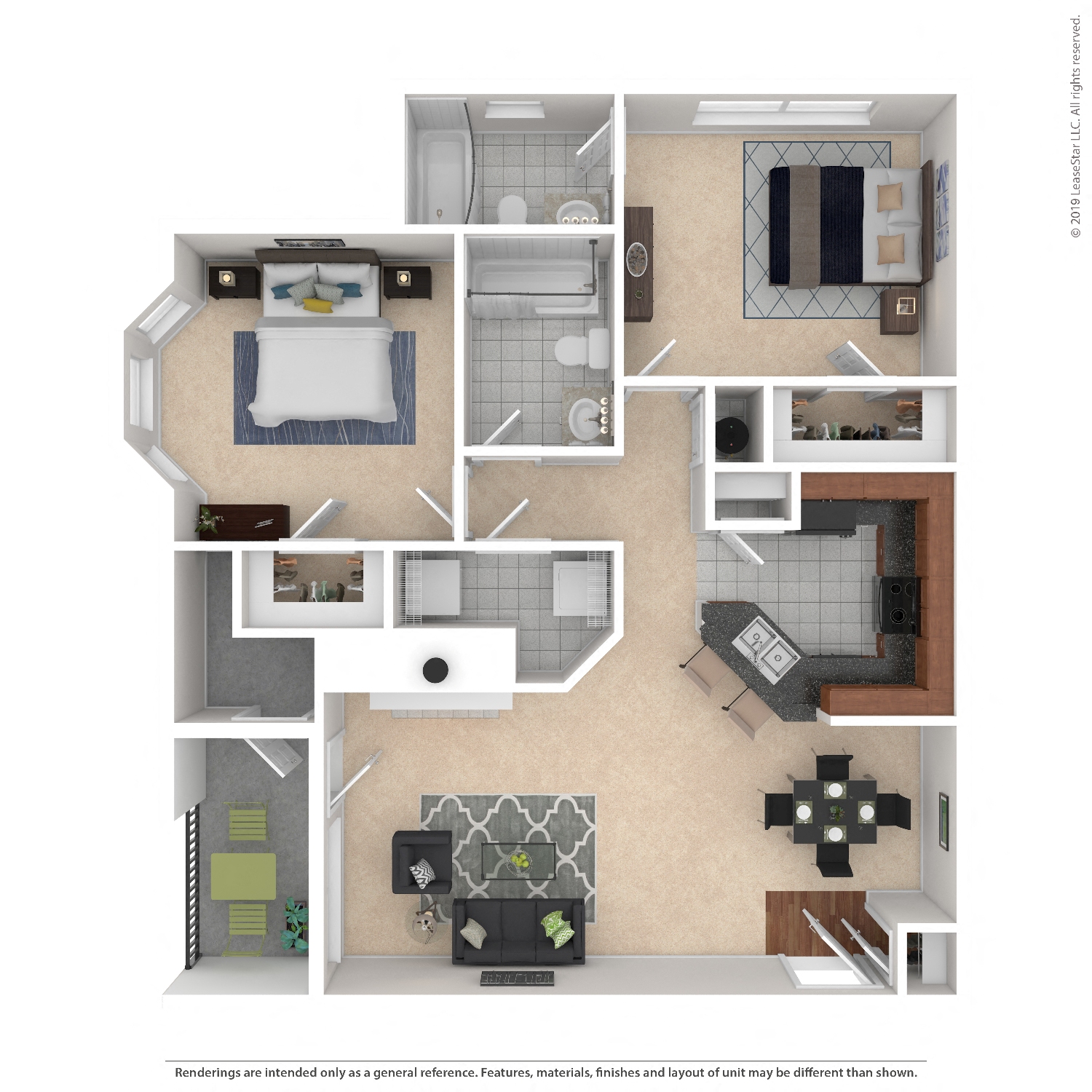 Floor plan for 2 beds, 2 baths, 1000 sqft