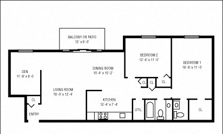 Floor plan for 2 beds, 1.5 baths, 1057 sqft