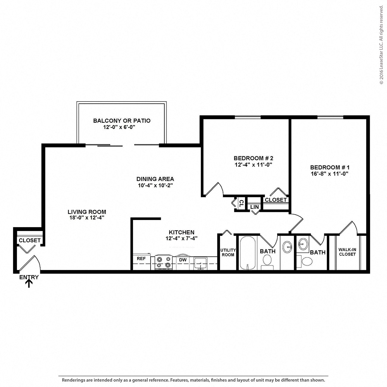 Floor plan for 2 beds, 1.5 baths, 1000 sqft