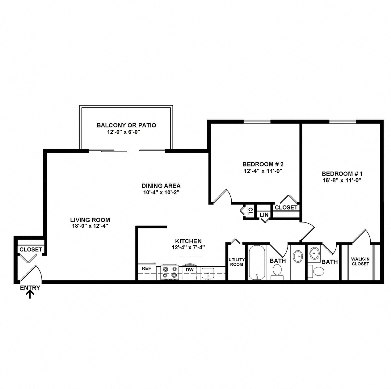 Floor plan for 2 beds, 1.5 baths, 972 sqft