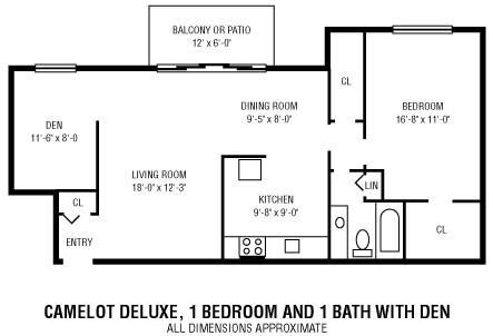 Floor plan for 1 bed, 1 bath, 849 sqft