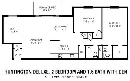 Floor plan for 2 beds, 1 bath, 1057 sqft