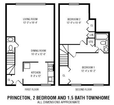 Floor plan for 2 beds, 1.5 baths, 1104 sqft