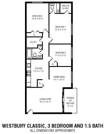 Floor plan for 3 beds, 1.5 baths, 1137 sqft