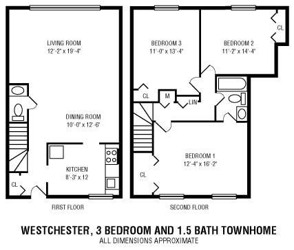Floor plan for 3 beds, 1.5 baths, 1256 sqft