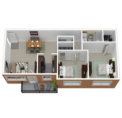 Floor plan for 2 beds, 1 bath, 910 sqft