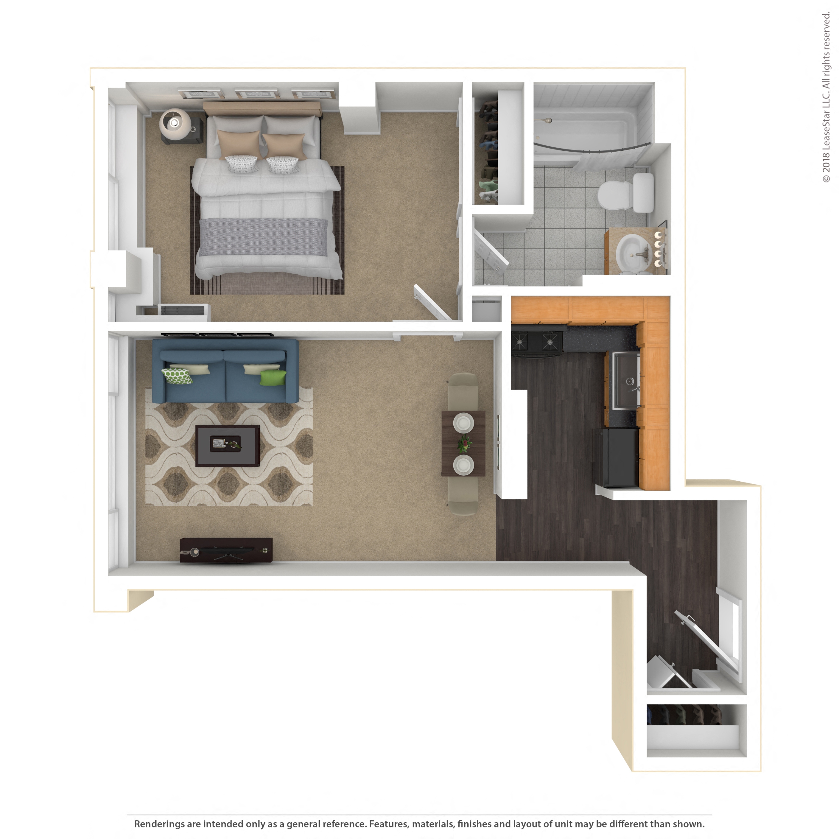 Floor plan for 1 bed, 1 bath, 530 sqft