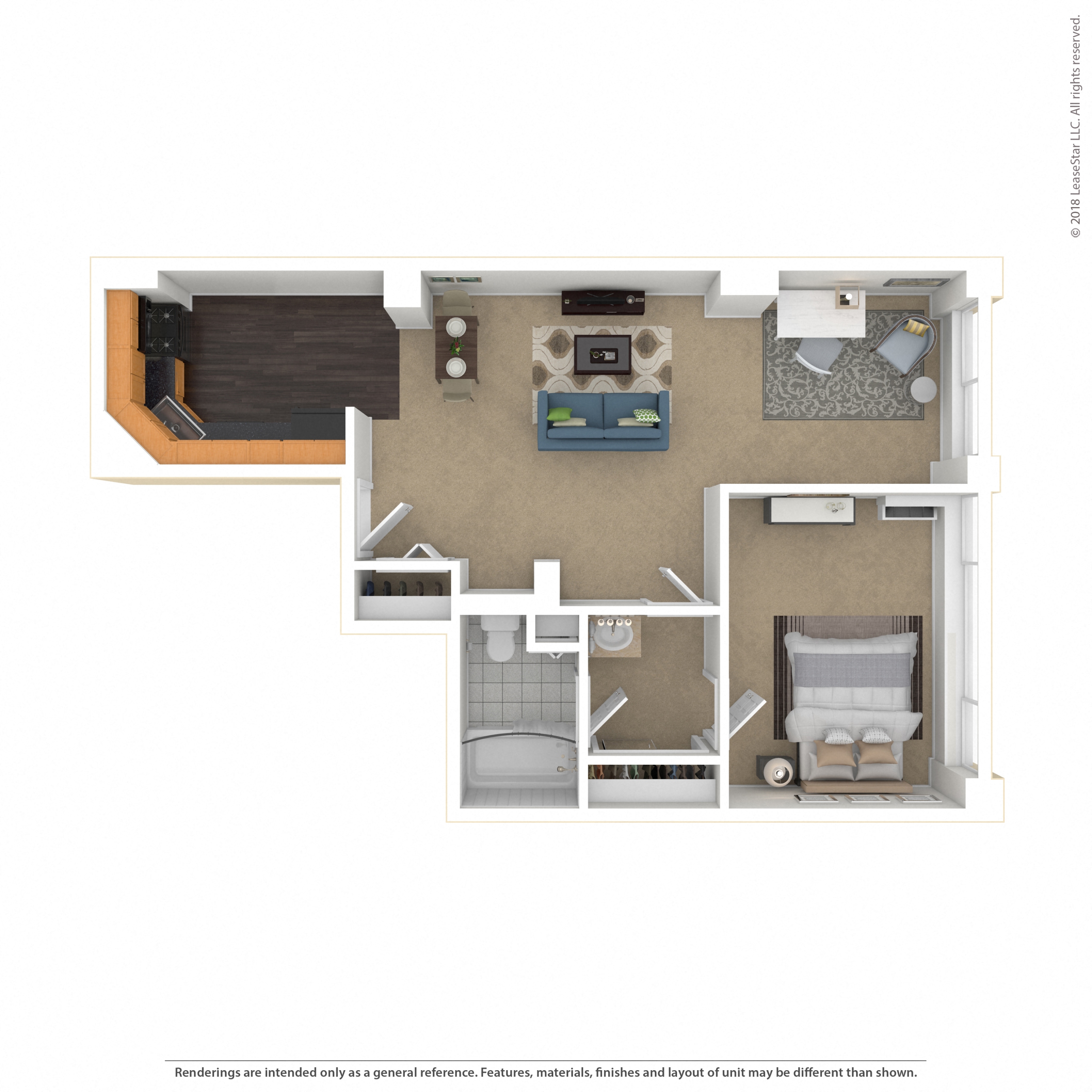 Floor plan for 1 bed, 1 bath, 640 sqft