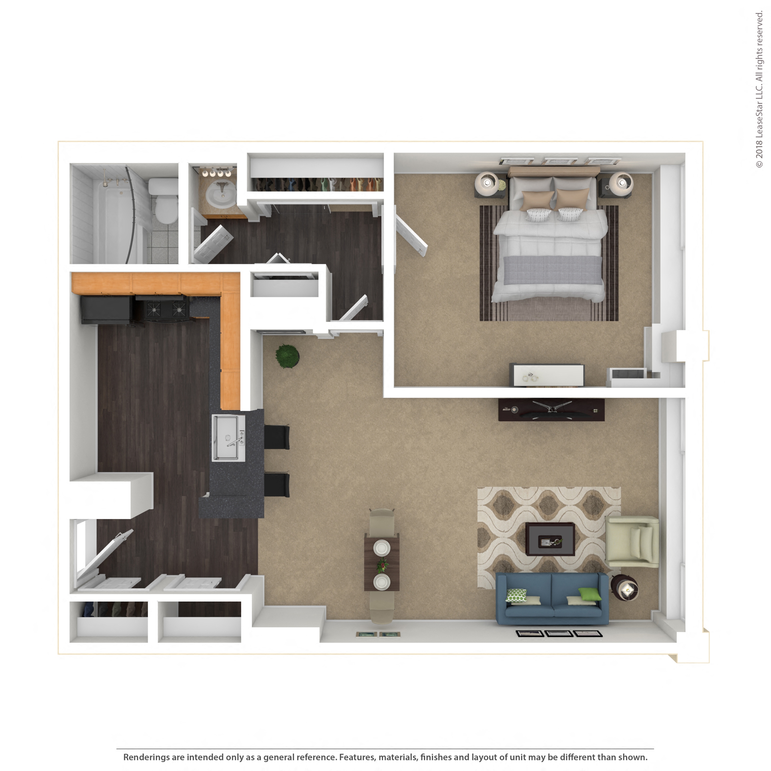 Floor plan for 1 bed, 1 bath, 664 sqft