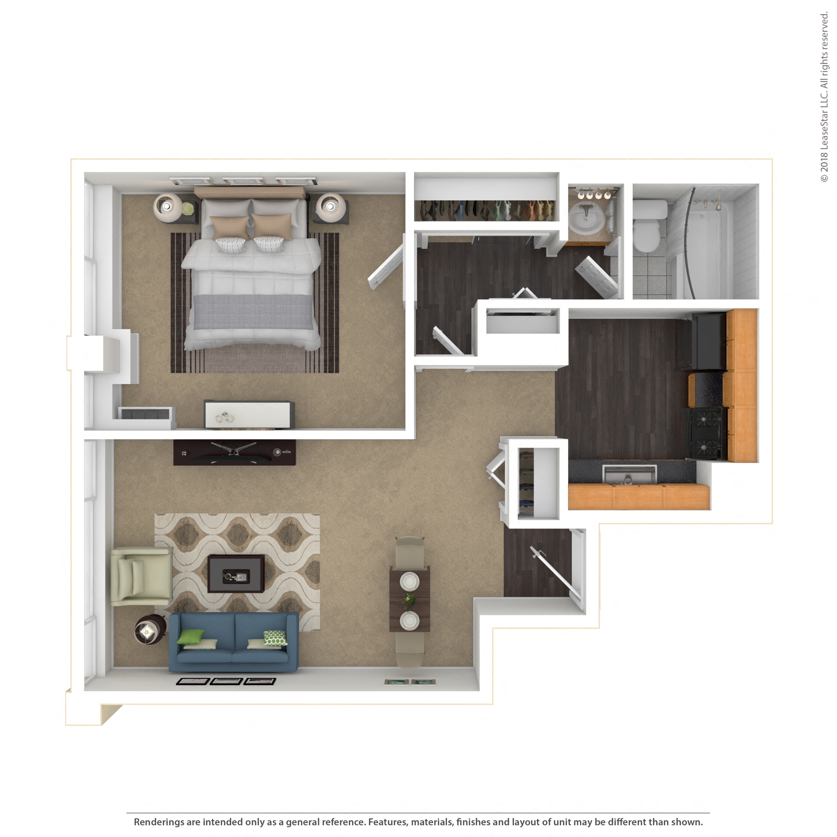 Floor plan for 1 bed, 1 bath, 573 sqft