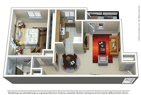 Floor plan for 1 bed, 1 bath, 685 sqft