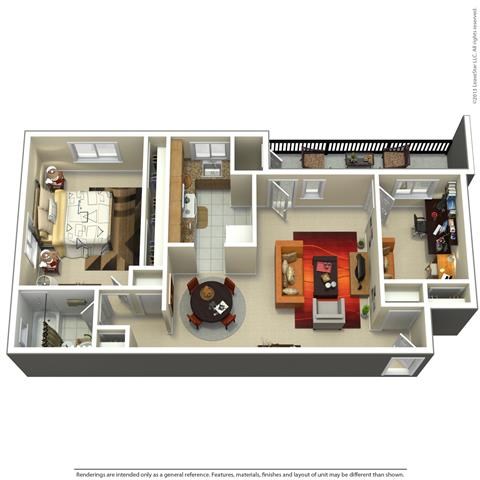 Floor plan for 1 bed, 1 bath, 758 sqft