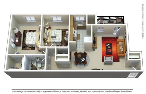 Floor plan for 2 beds, 1 bath, 907 sqft