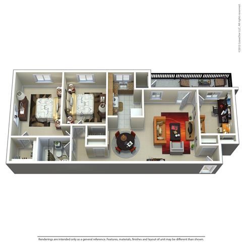 Floor plan for 2 beds, 1 bath, 990 sqft