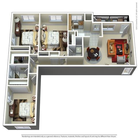 Floor plan for 3 beds, 2 baths, 1020 sqft
