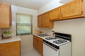Hyattsville apartment for rent - a kitchen with white appliances and wooden cabinets and a window