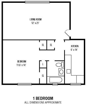 Floor plan for 1 bed, 1 bath, 579 sqft