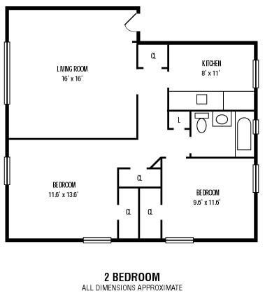 Floor plan for 2 beds, 1 bath, 628 sqft