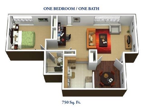 Floor plan for 1 bed, 1 bath, 750 sqft