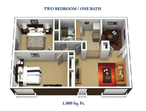 Floor plan for 2 beds, 1 bath, 1000 sqft