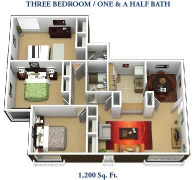 Floor plan for 3 beds, 1.5 baths, 1200 sqft