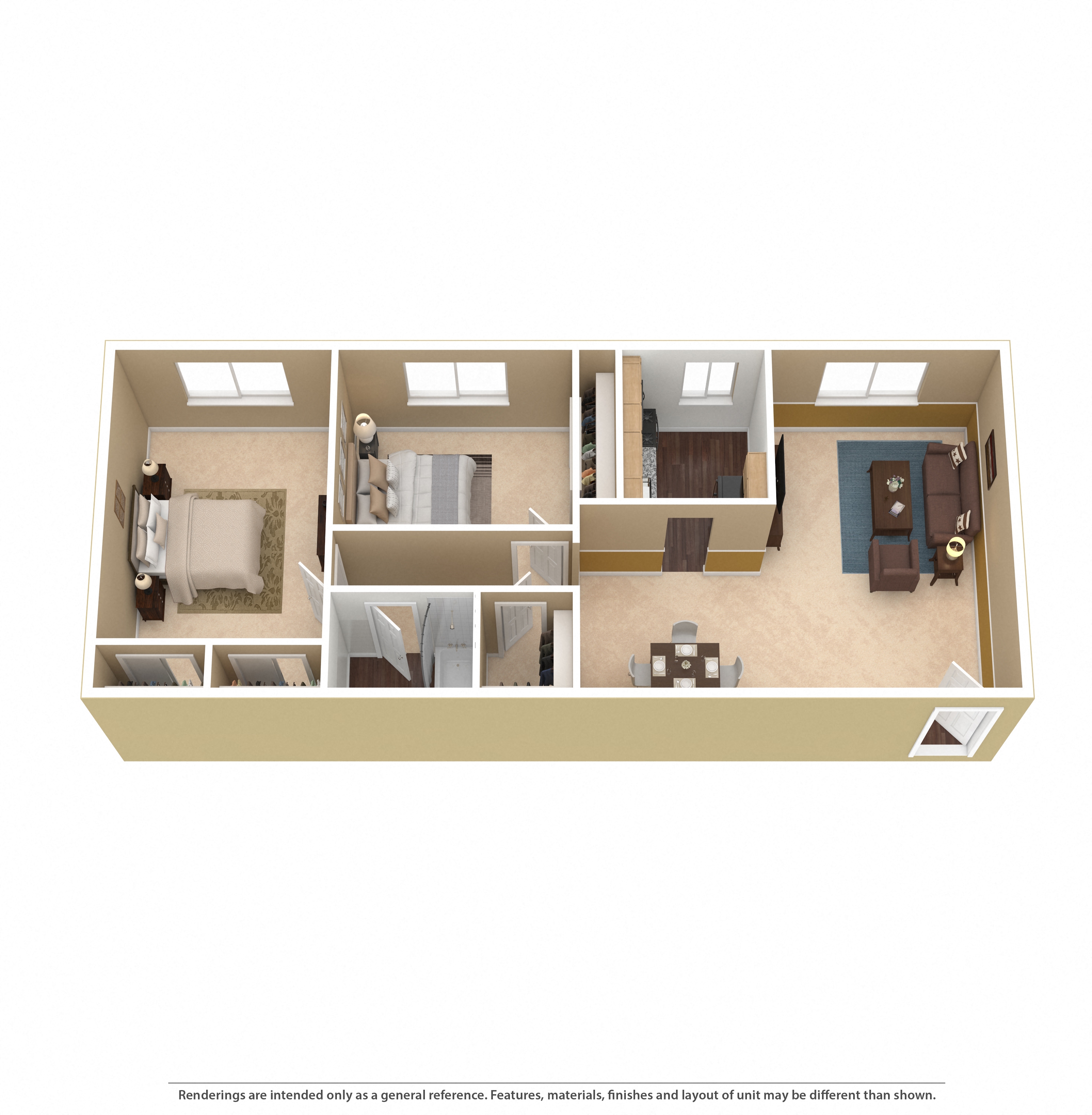 Floor plan for 2 beds, 1 bath, 979 sqft