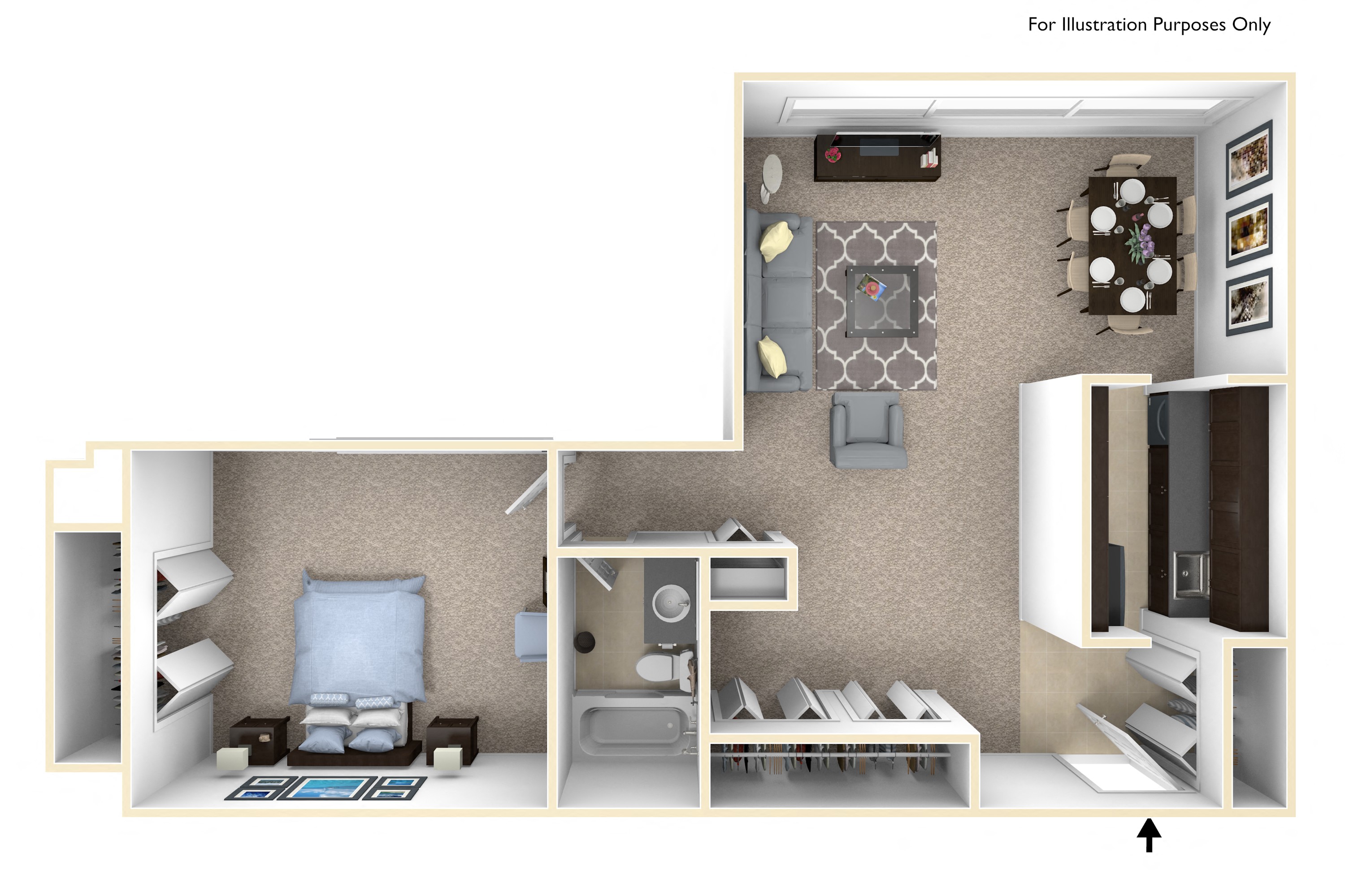 Floor plan for 1 bed, 1 bath, 880 sqft