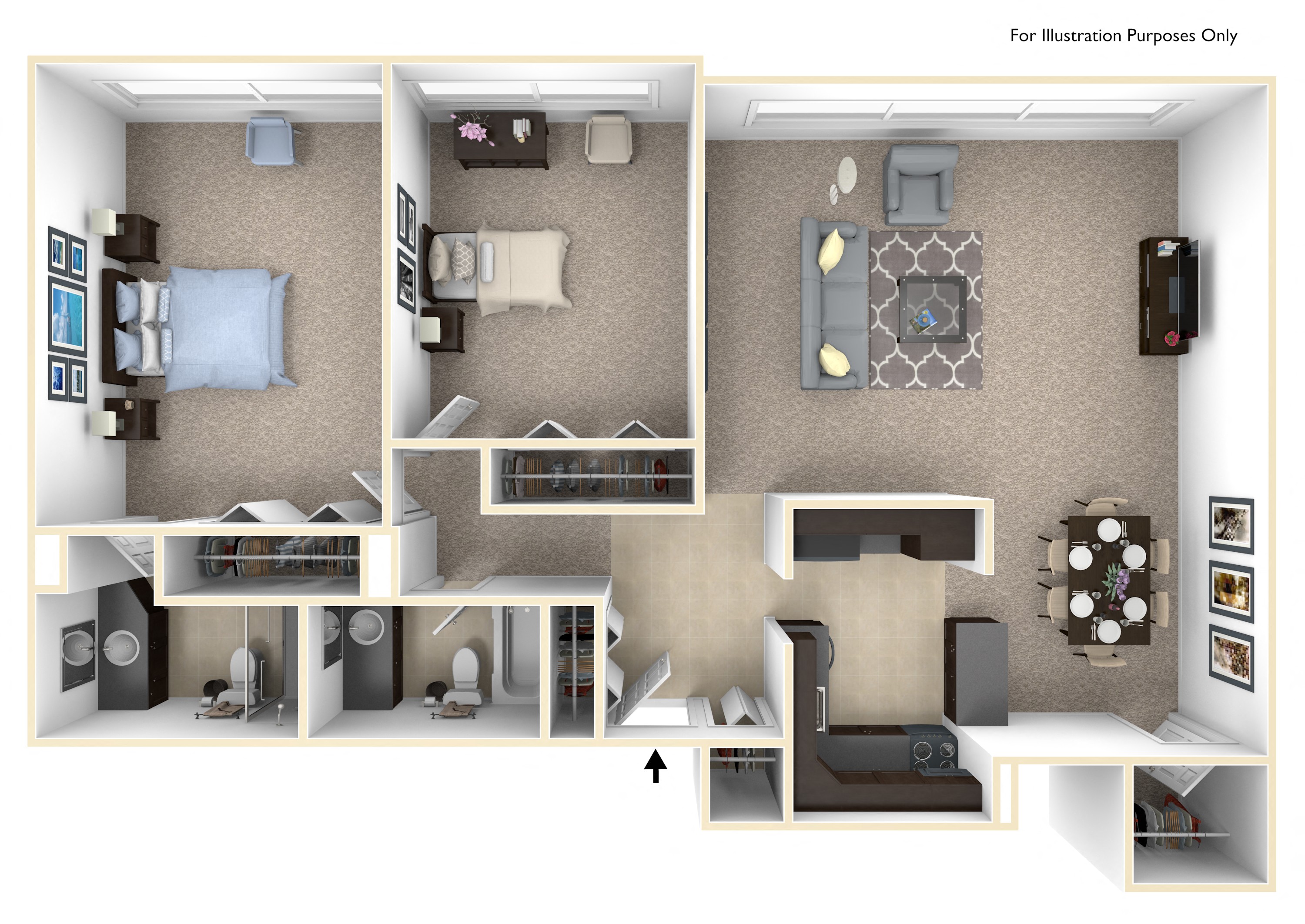 Floor plan for 2 beds, 1.5 baths, 990 sqft