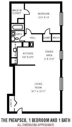 Floor plan for 1 bed, 1 bath, 700 sqft