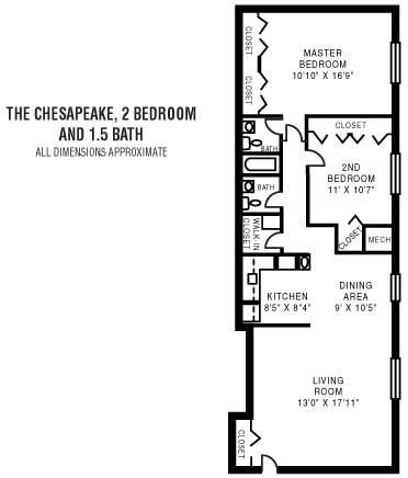 Floor plan for 2 beds, 1.5 baths, 900 sqft