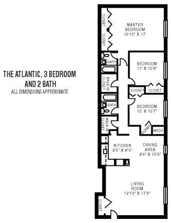 Floor plan for 3 beds, 2 baths, 1100 sqft