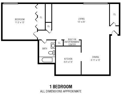 Floor plan for 1 bed, 1 bath, 625 sqft