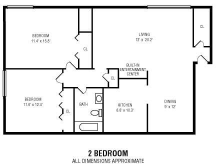 Floor plan for 2 beds, 1 bath, 820 sqft