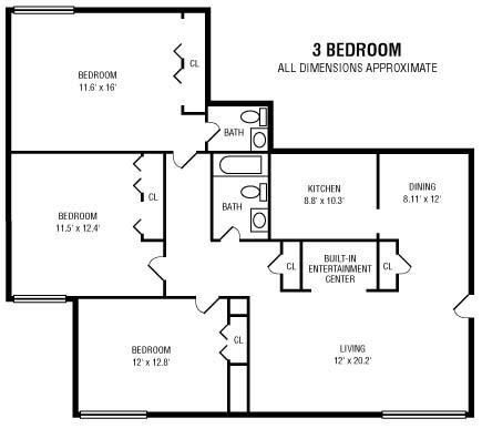 Floor plan for 3 beds, 1.5 baths, 1140 sqft