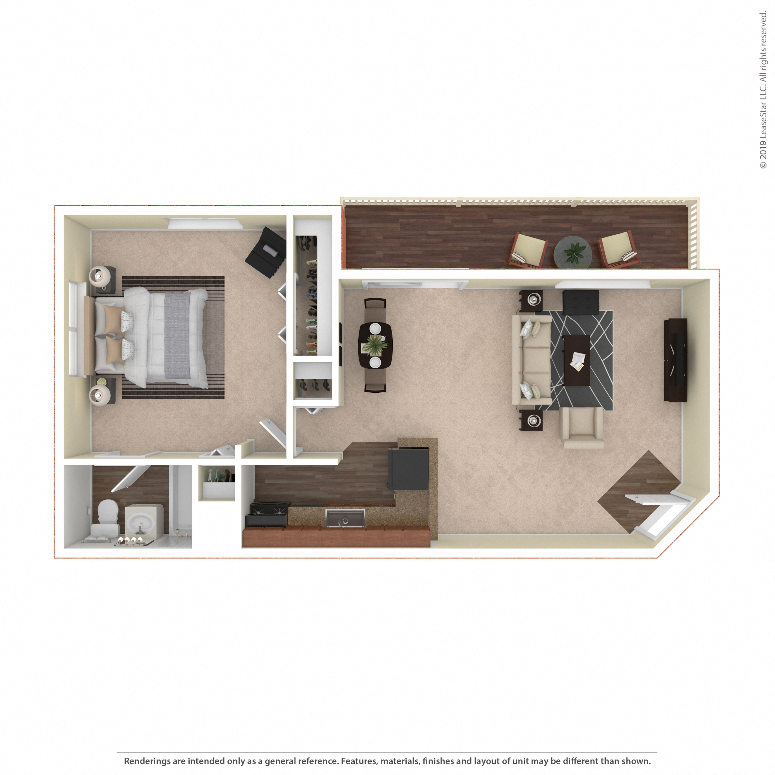Floor plan for 1 bed, 1 bath, 680 sqft
