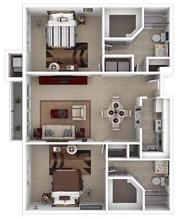 Floor plan for 2 beds, 2 baths, 1000 sqft
