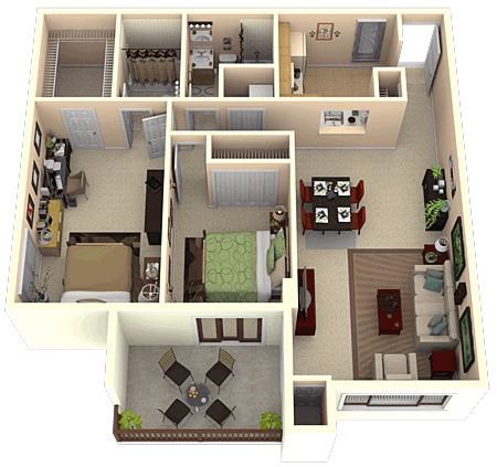 Floor plan for 2 beds, 2 baths, 1030 sqft