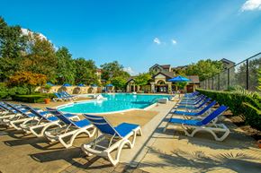 Rockville apartment for rent - our resort style swimming pool is filled with blue and white deck chairs