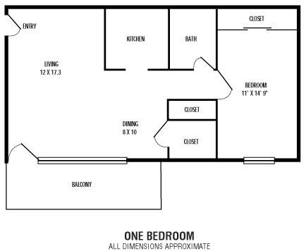 Floor plan for 1 bed, 1 bath, 540 sqft