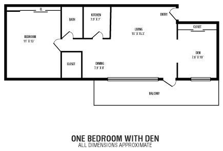 Floor plan for 1 bed, 1 bath, 624 sqft